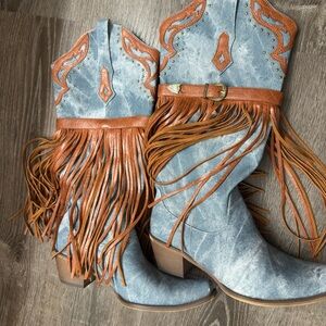 Amazon Blue and Brown Fringed Western Heeled Boots